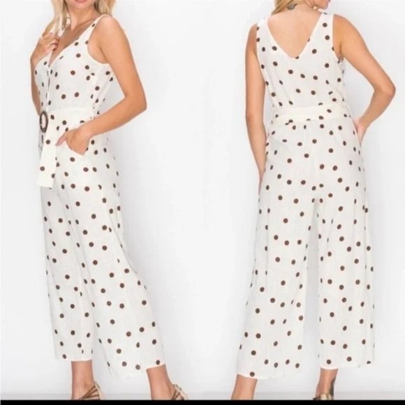 Monteau Pants & Jumpsuits Monteau Los Angeles Linen Blend White Brown Jumpsuit L Poshmark